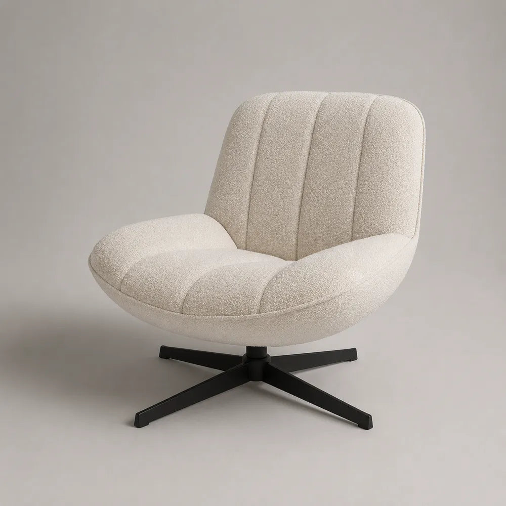 Poltrona girevole imbottita in tessuto bouclé beige con base a stella in acciaio nero 78 x 78 x 82 cm