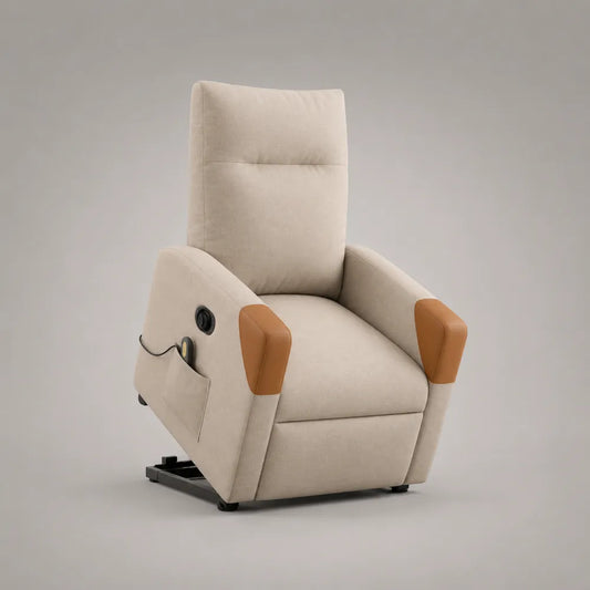 Poltrona reclinabile imbottita in tessuto beige con poggiapiedi integrato e inserti marroni 80 x 90 x 105 cm