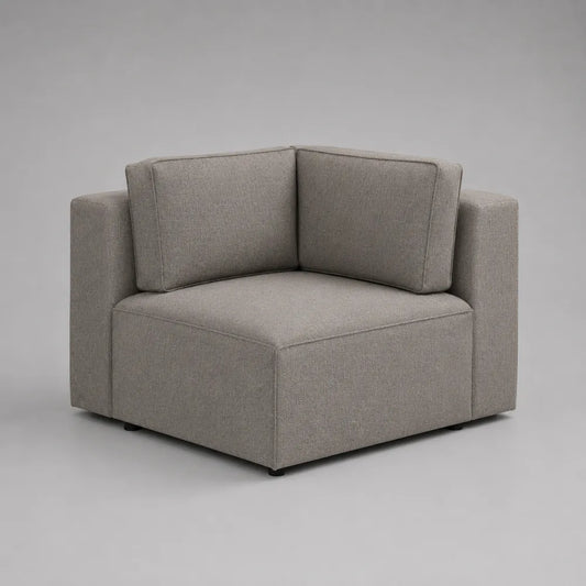Poltrona angolare imbottita in tessuto poliestere grigio con cuscini e braccioli struttura rettangolare 100x100x85 cm
