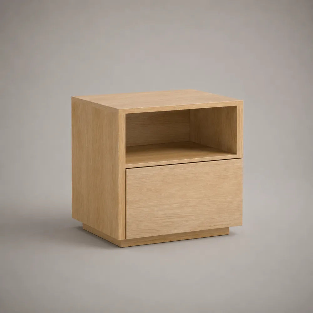 Comodino da camera con cassetto e vano aperto in pannelli MDF effetto rovere naturale 50 x 40 x 45 cm