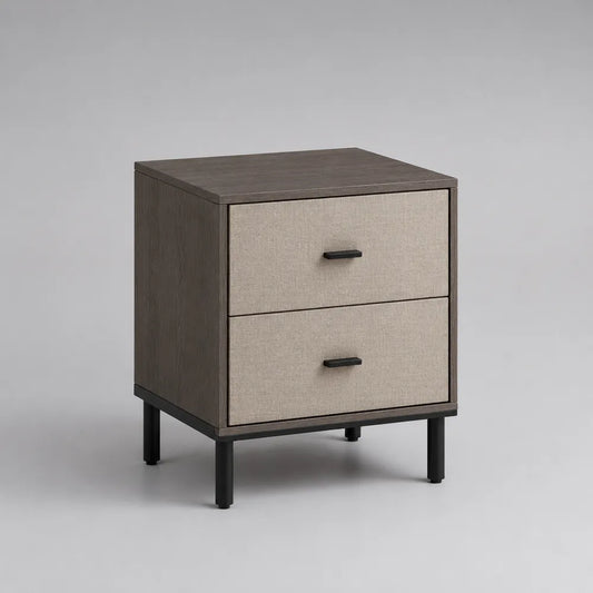 Comodino con 2 cassetti in MDF tessuto poliestere beige e grigio con gambe in acciaio nero forma rettangolare 60x40x55 cm
