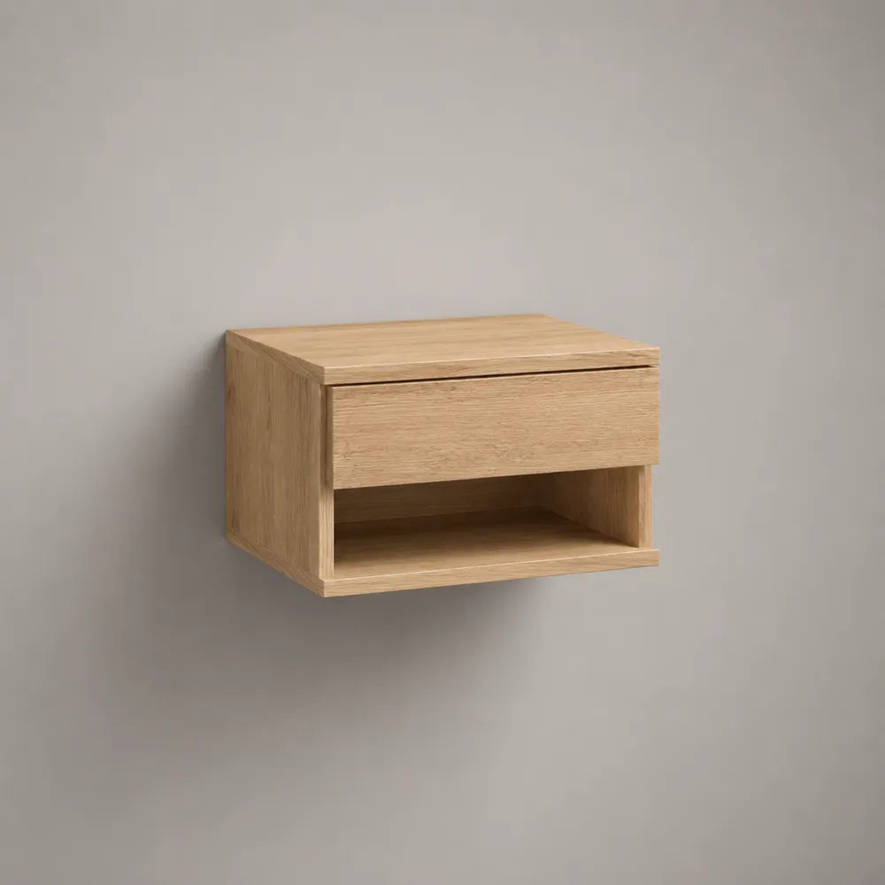 Comodino sospeso da camera con cassetto e vano aperto in pannelli MDF effetto rovere naturale 50 x 35 x 25 cm