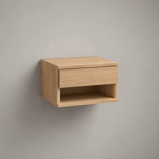 Comodino sospeso da camera con cassetto e vano aperto in pannelli MDF effetto rovere naturale 50 x 35 x 25 cm