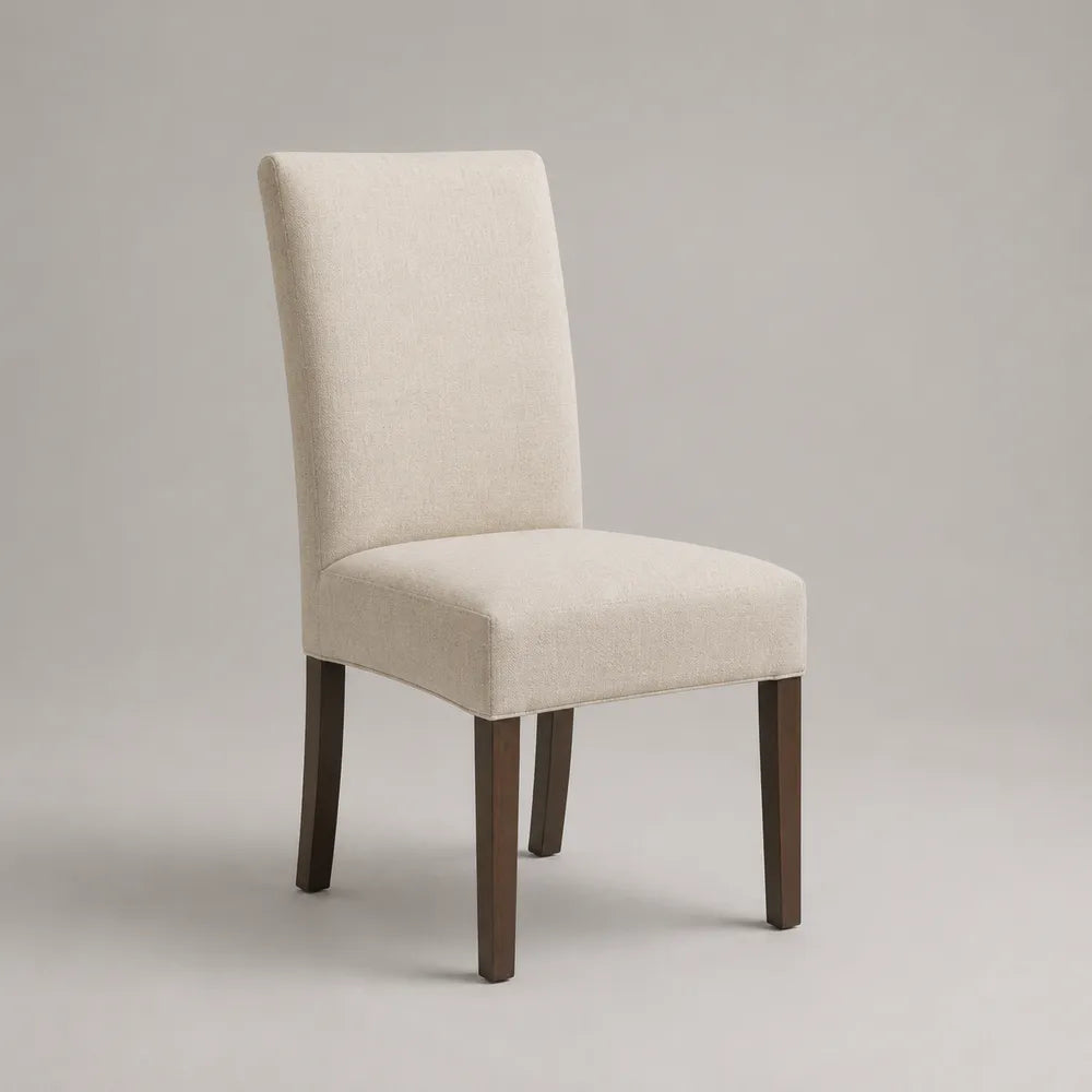 Sedia da pranzo imbottita 50x60x85 cm in tessuto beige con gambe in legno marrone scuro