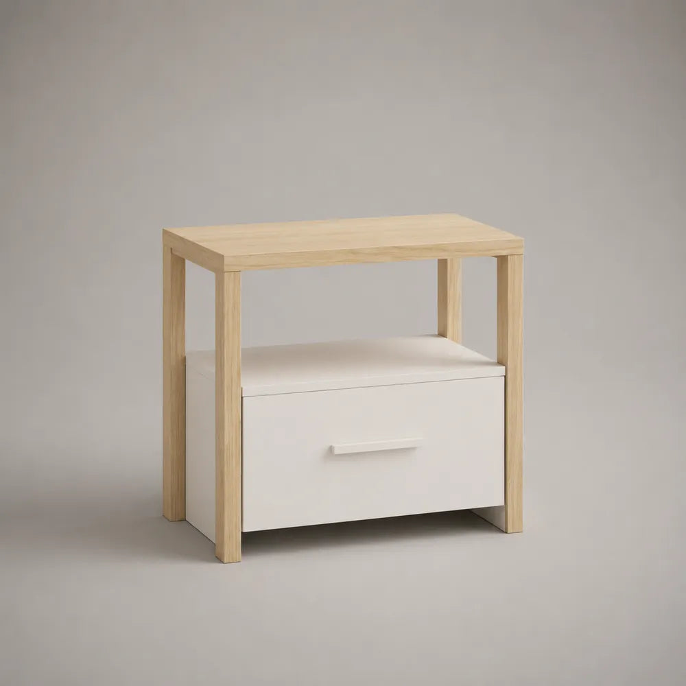 Comodino camera da letto con cassetto e vano aperto in MDF bianco e rovere chiaro 60 x 35 x 55 cm