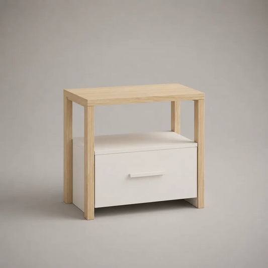 Comodino camera da letto con cassetto e vano aperto in MDF bianco e rovere chiaro 60 x 35 x 55 cm