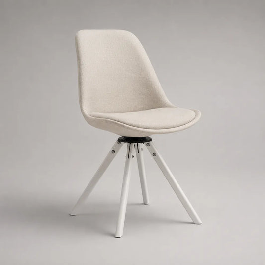 Sedia da pranzo girevole 60x60x85 cm imbottita in tessuto beige con base in acciaio bianco