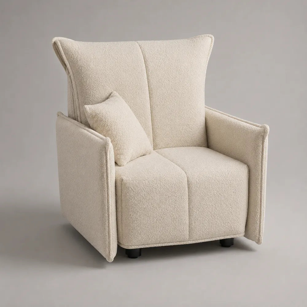 Poltrona imbottita in tessuto bouclé crema con braccioli e cuscino decorativo 85 x 85 x 95 cm