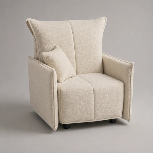 Poltrona imbottita in tessuto bouclé crema con braccioli e cuscino decorativo 85 x 85 x 95 cm